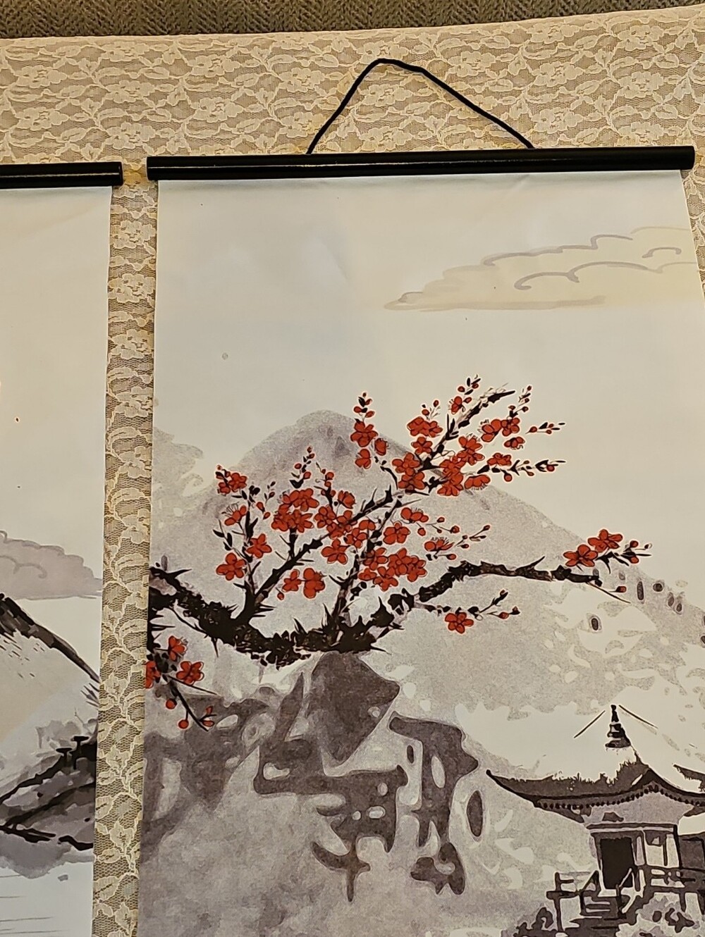 Japanese Style Lamp Black Frame Paper Panel, Corded, 3 Japanese Scrolls.